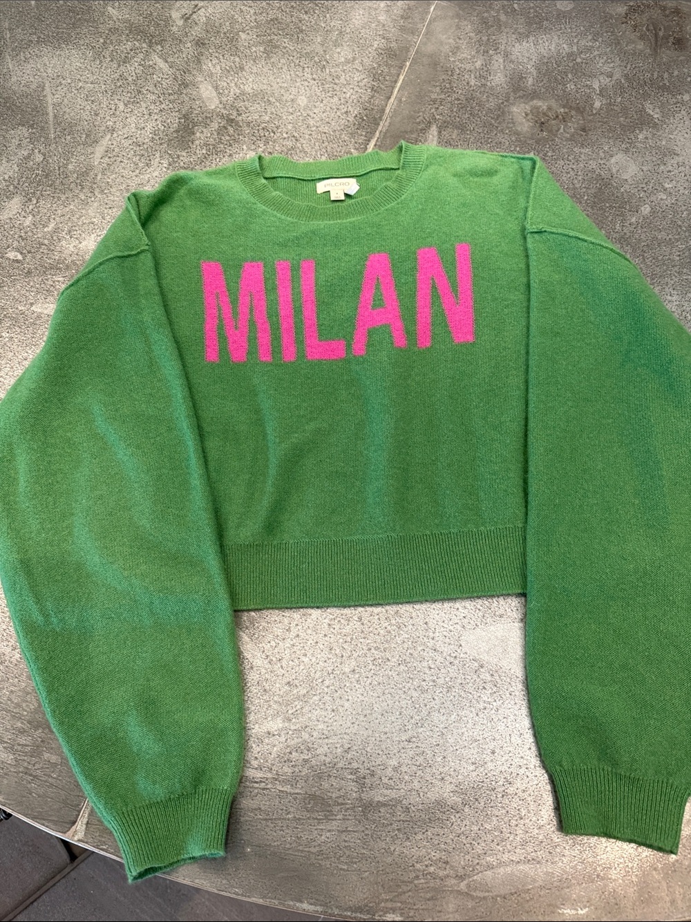 Anthropologie Green Crewneck Sweater with Pink MILAN Lettering